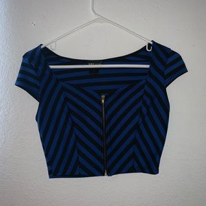 Black and White Striped Zip-Up Cropped Blouse
